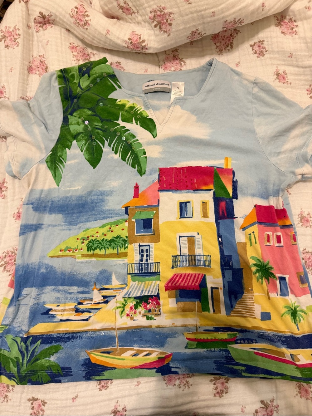 Alfred Dunner Light Blue Short Sleeve Tee with Colorful Coastal Print